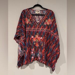 Savanna Jane Red Blue Multicolor Embroidered V-Neck Tunic